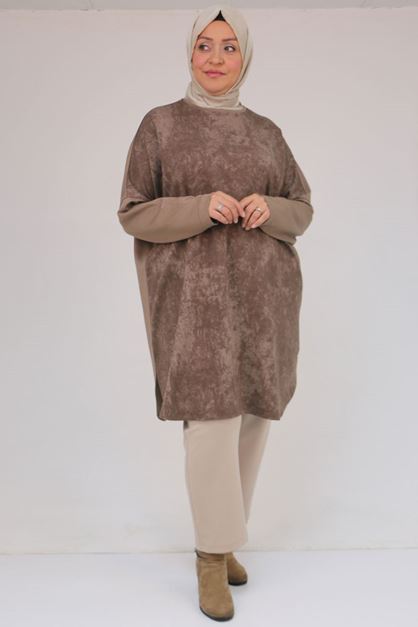 D-58164 Büyük Beden Basic Modal Tunik - Koyu Vizon 