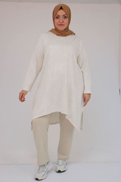 D-57070 Büyük Beden Önü Simetri Kesim Batik Pantolonlu Takım - Bej