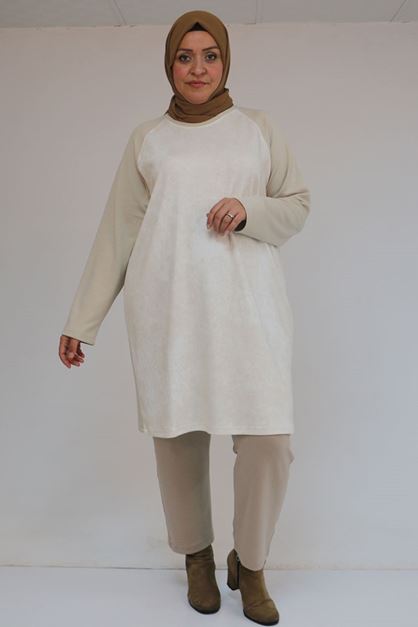 D-58162 Büyük Beden Garnili Modal Tunik - Bej 