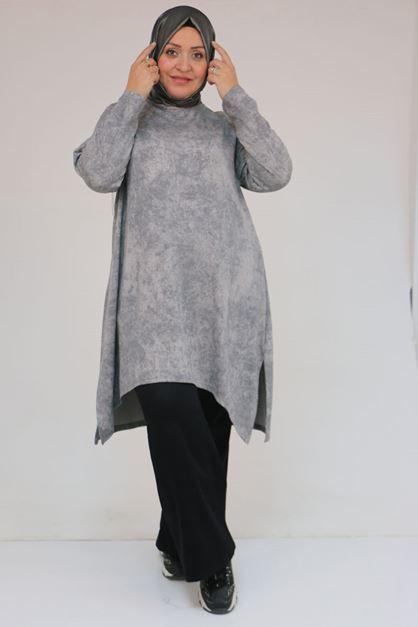D-58163 Büyük Beden Eteği Simetri Kesim Batik Tunik - Gri 
