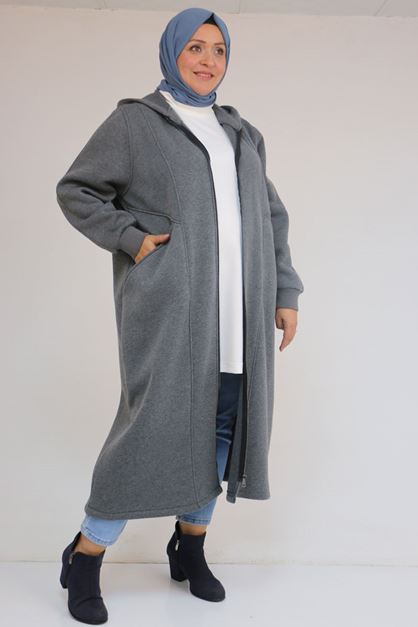 D-53059 Büyük Beden Kolları Ribanalı Üç İplik Kap - Antrasit 