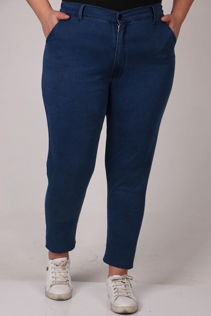 D-29028 Büyük Beden Beli Lastikli Uzun Boy Dar Paça Kot Pantolon - Koyu Mavi 