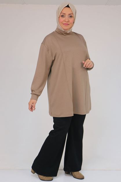 58134 Büyük Beden Boğazlı Yaka Modal Tunik - Taba