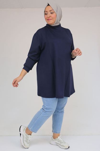 58134 Büyük Beden Boğazlı Yaka Modal Tunik - Lacivert