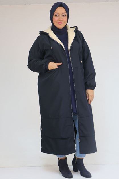 43062 Büyük Beden Kolları Lastikli Kapşonlu Bondit Kap - Lacivert