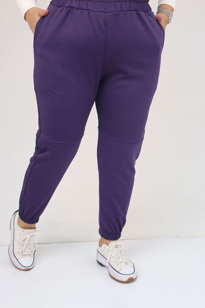 59508 Büyük Beden Parçalı Beli Lastikli Tayt - Mor
