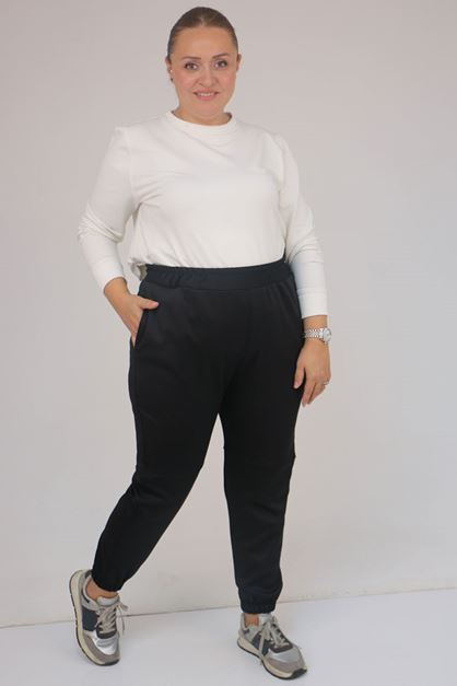 59508 Büyük Beden Parçalı Beli Lastikli Tayt - Siyah