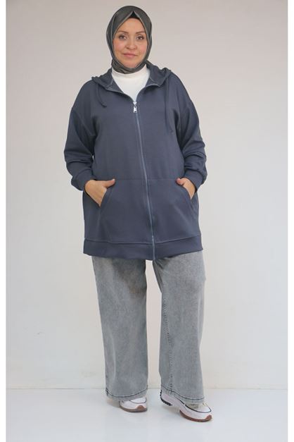 53057  Büyük Beden  Kapüşonlu Fermuarlı Modal Ceket - Antrasit
