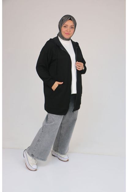 53057  Büyük Beden  Kapüşonlu Fermuarlı Modal Ceket - Siyah