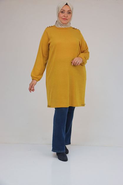 58155 Büyük Beden Kolları Lastikli Perçinli Mir Tunik - Hardal