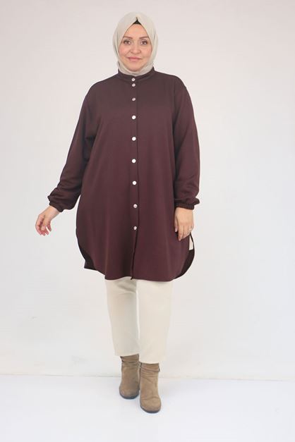 58169 Büyük Beden Hakim Yaka Çıtçıtlı Modal Tunik - Kahve