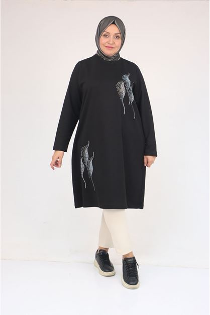 58167 Büyük Beden Taş Baskı Detaylı Modal Tunik - Siyah