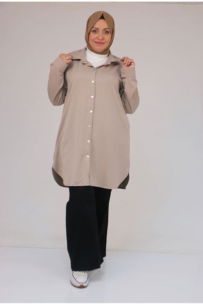 58168 Büyük Beden Erkek Yakalı Çıtçıtlı Modal Tunik - Bej