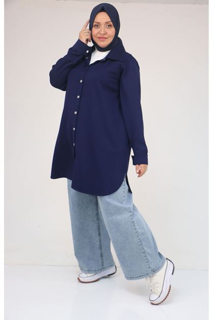 58168 Büyük Beden Erkek Yakalı Çıtçıtlı Modal Tunik - İndigo