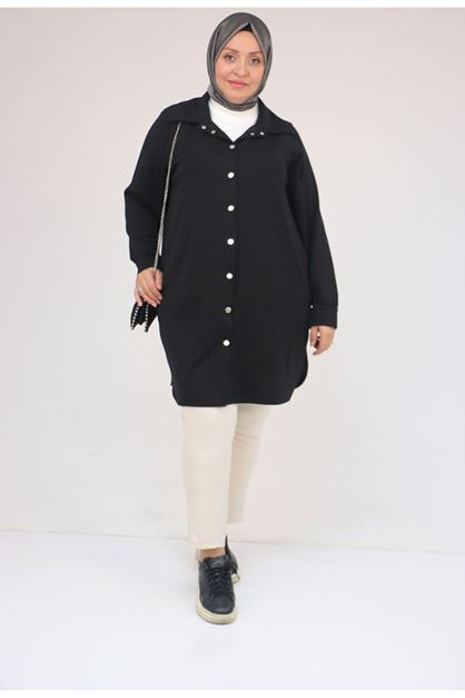 58168 Büyük Beden Erkek Yakalı Çıtçıtlı Modal Tunik - Siyah