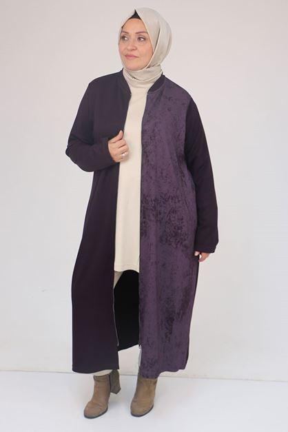 53058 Büyük Beden Fermuarlı Batik-Modal Ceket - Mürdüm