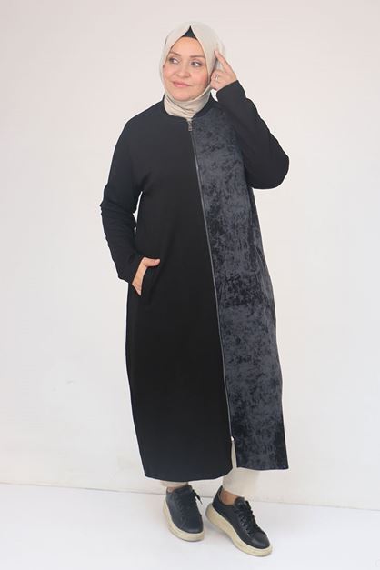 53058 Büyük Beden Fermuarlı Batik-Modal Ceket - Siyah