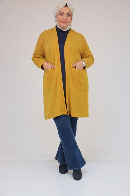 53034 Büyük Beden Cep Detaylı Mir Ceket - Hardal