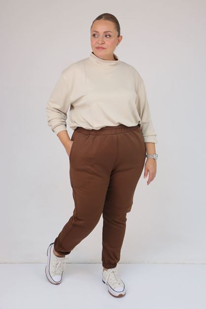 D-59508 Büyük Beden Parçalı Beli Lastikli Tayt - Kahve 