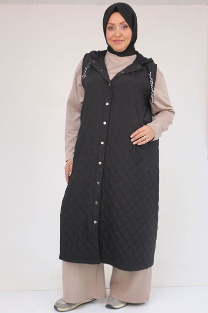 D-54008 Büyük Beden Zincir Kordonlu Modal-Kapitone Yelek - Siyah 