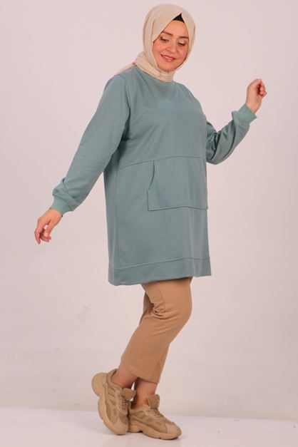 D-38164 Büyük Beden Kanguru Cepli Ribanalı İki İplik Tunik-Nefti