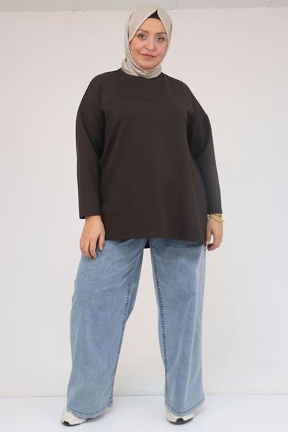 D-58132 Büyük Beden Önü Çıma Detaylı Yanı Yırtmaçlı Modal Tunik - Kahve 