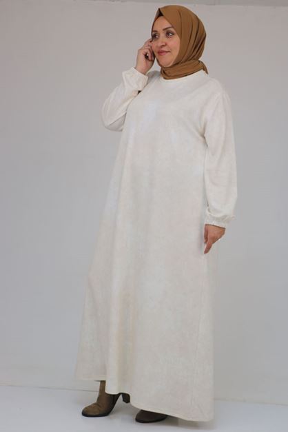 52030 Büyük Beden Kolu Lastikli Modal Elbise - Batik Ekru