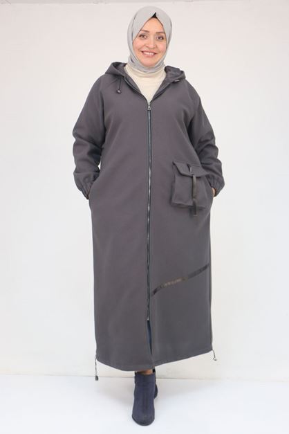 43082 Büyük Beden Eteği Bebe Lastikli Kaşe Kaban - Antrasit