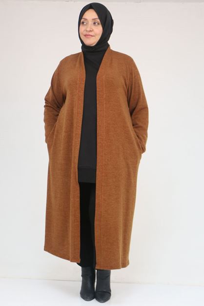 53061 Büyük Beden Cepli Uzun Mir Ceket - Taba