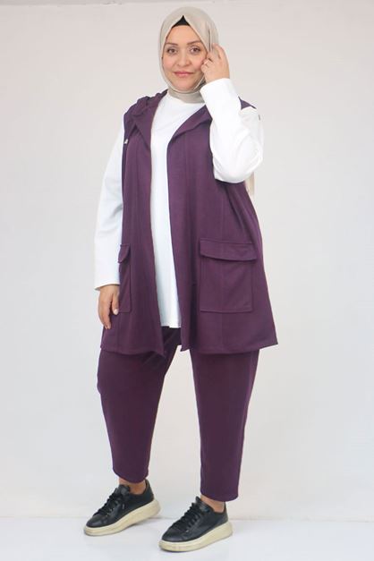 57305 Büyük Beden Modal Yeleği Cepli Üçlü Takım - Mürdüm