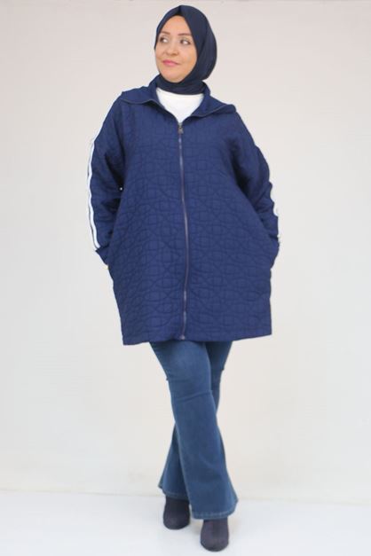 53060 Büyük Beden Omuzdan Şeritli Kapitone Fermuarlı Ceket - İndigo-Beyaz