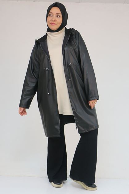 53055 Büyük Beden Bebe Lastik Detaylı Zara Deri Trençkot - Siyah