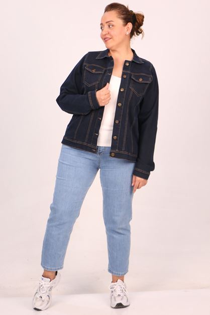 D-23022 Büyük Beden Kısa Kot Ceket -Lacivert 