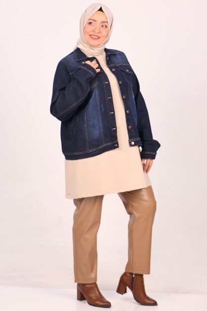 D-23022-2 Büyük Beden Taşlamalı Tırnaklı Kısa Kot Ceket -Lacivert