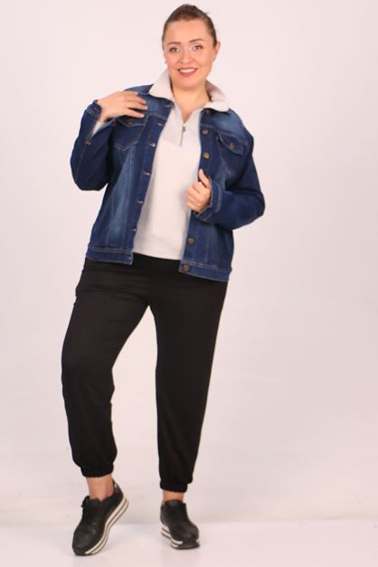 D-23022-1 Büyük Beden Taşlamalı Kısa Kot Ceket -Mavi