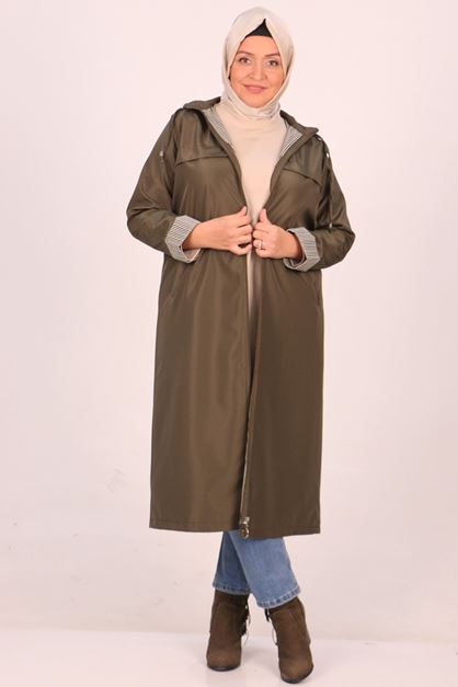 D-33068 Büyük Beden Çıkarılabilir Kapüşonlu Bondit Kap-Haki