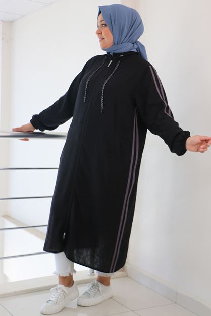 D-43013 Büyük Beden Elit  Keten Biyeli Kap - Siyah-Antrasit 