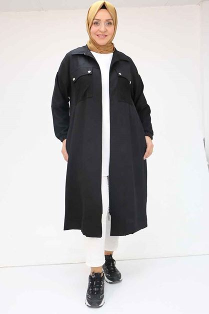 D-53001 Büyük Beden File Detaylı Melanj Kap - Siyah 