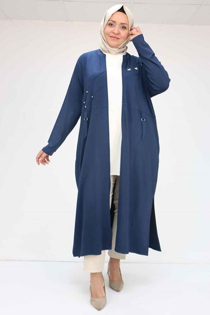 D-53012 Büyük Beden Beyoğlu Taş Detaylı Fermuarlı Penye Ceket - Lacivert