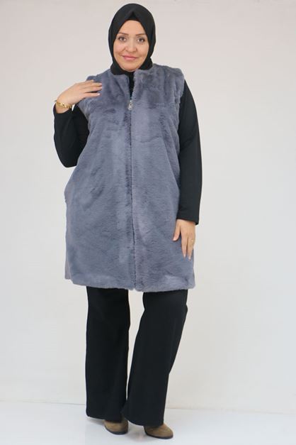 54013 Büyük Beden Cepli Rabbit Astarlı Yelek - Gri