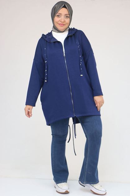 43068 Büyük Beden Eteği Oval Kesim Modal Ceket - İndigo