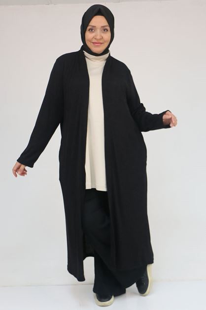53061 Büyük Beden Cepli Uzun Mir Ceket - Siyah