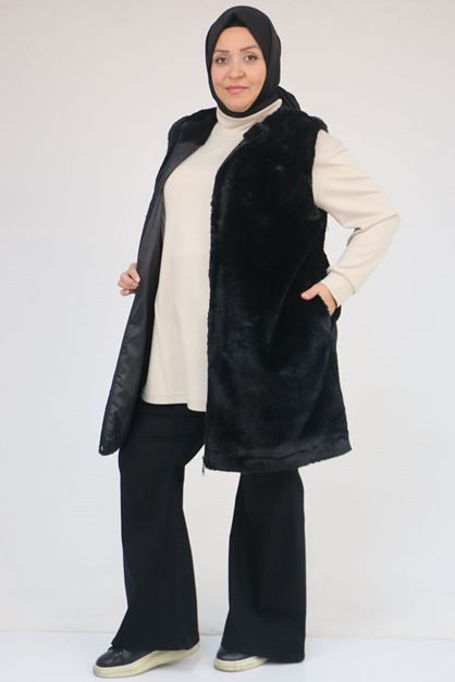 D-54013 Büyük Beden Cepli Rabbit Astarlı Yelek - Siyah
