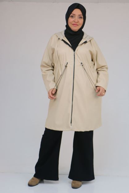 D-53055 Büyük Beden Bebe Lastik Detaylı Zara Deri Trençkot - Bej 