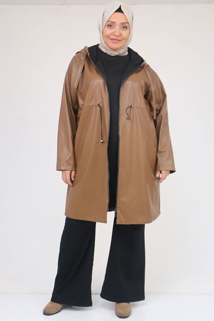 D-53055 Büyük Beden Bebe Lastik Detaylı Zara Deri Trençkot - Taba