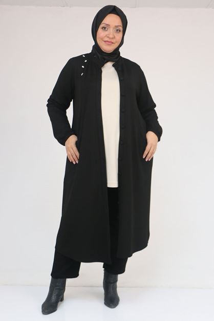 53054 Büyük Beden Boydan Düğmeli Modal Ceket - Siyah