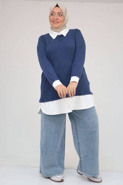58159 Büyük Beden Kot Garnili Mir Tunik - İndigo