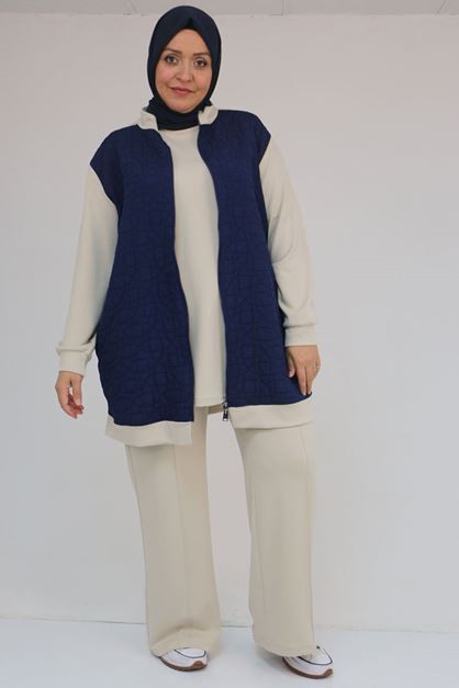 57304 Büyük Beden Ceketli Modal-Kapitone Üçlü Takım - İndigo-Bej