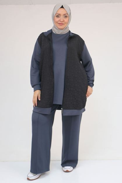 57304 Büyük Beden Ceketli Modal-Kapitone Üçlü Takım - Siyah-Antrasit