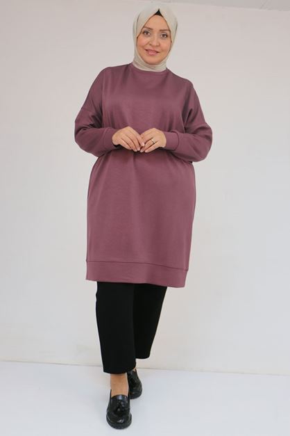 D-58151 Büyük Beden Kol Ve Etek Ucu Kendinden Ribanalı Modal Tunik - Gül Kurusu 